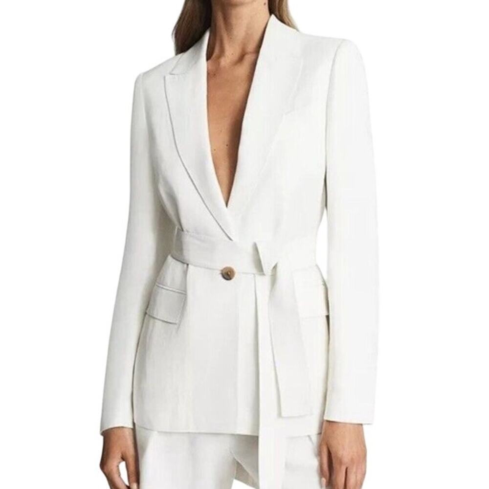 Reiss NWT Bea Belted Blazer White Size 14 Linen Blend Flap Pockets Single Button